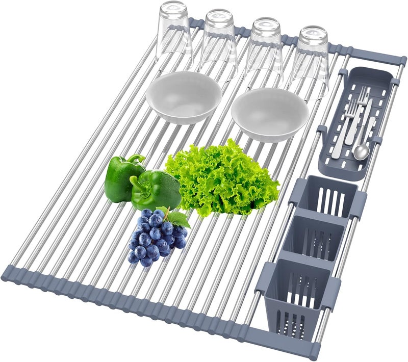 BBXTYLY Extra Large Expandable Roll Up Dish Drying Rack Up to 22.8''with 2 Storage Baskets,Over The Sink Kitchen Rolling up Dish Drainer Dish Drying Rack in Sink, Foldable,Rollable,for Kitchen Dishes,Fruits - Image 2